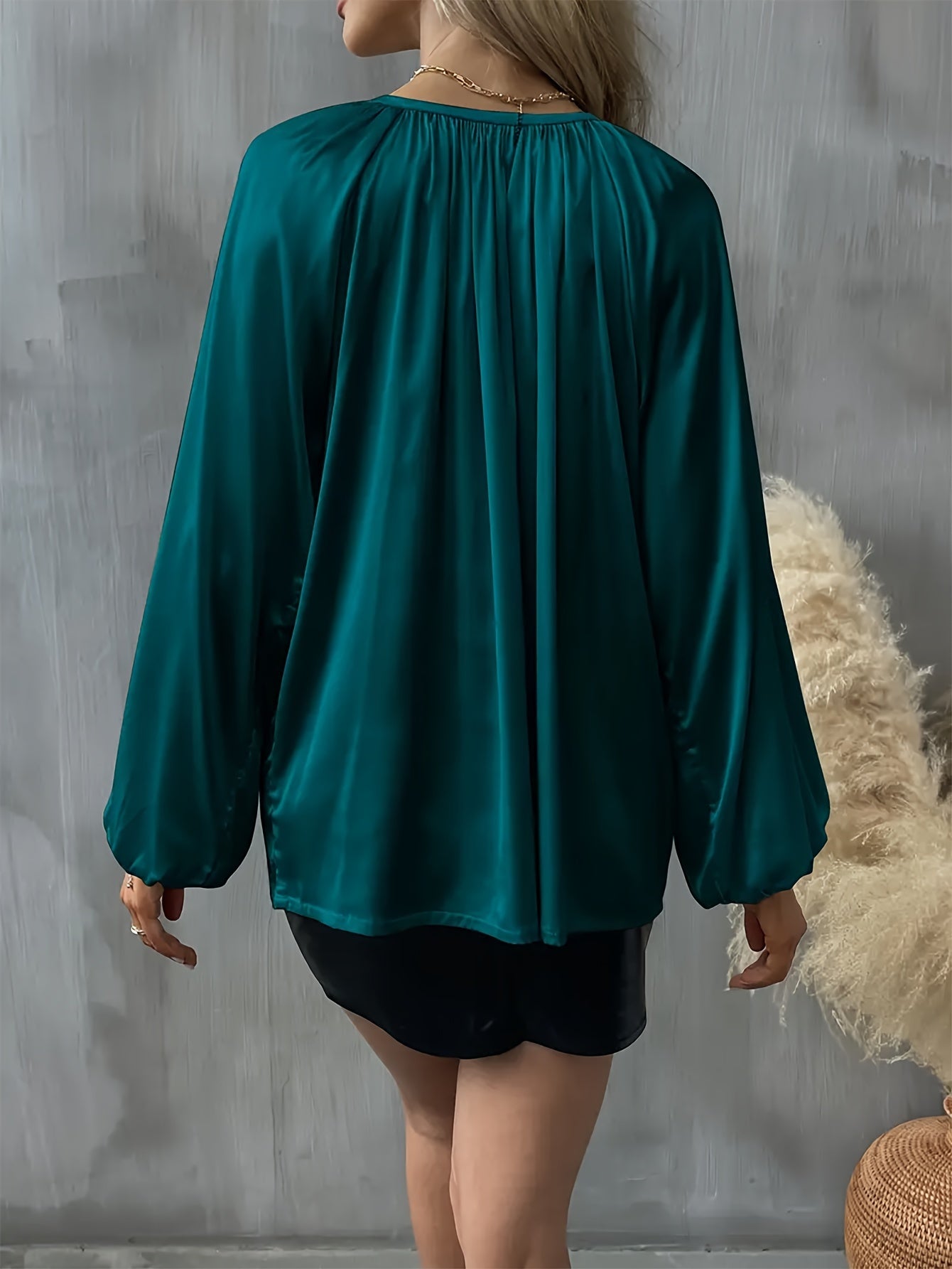 Women's Polyester V-Neck Blouse with Tie Neck and Lantern Sleeves