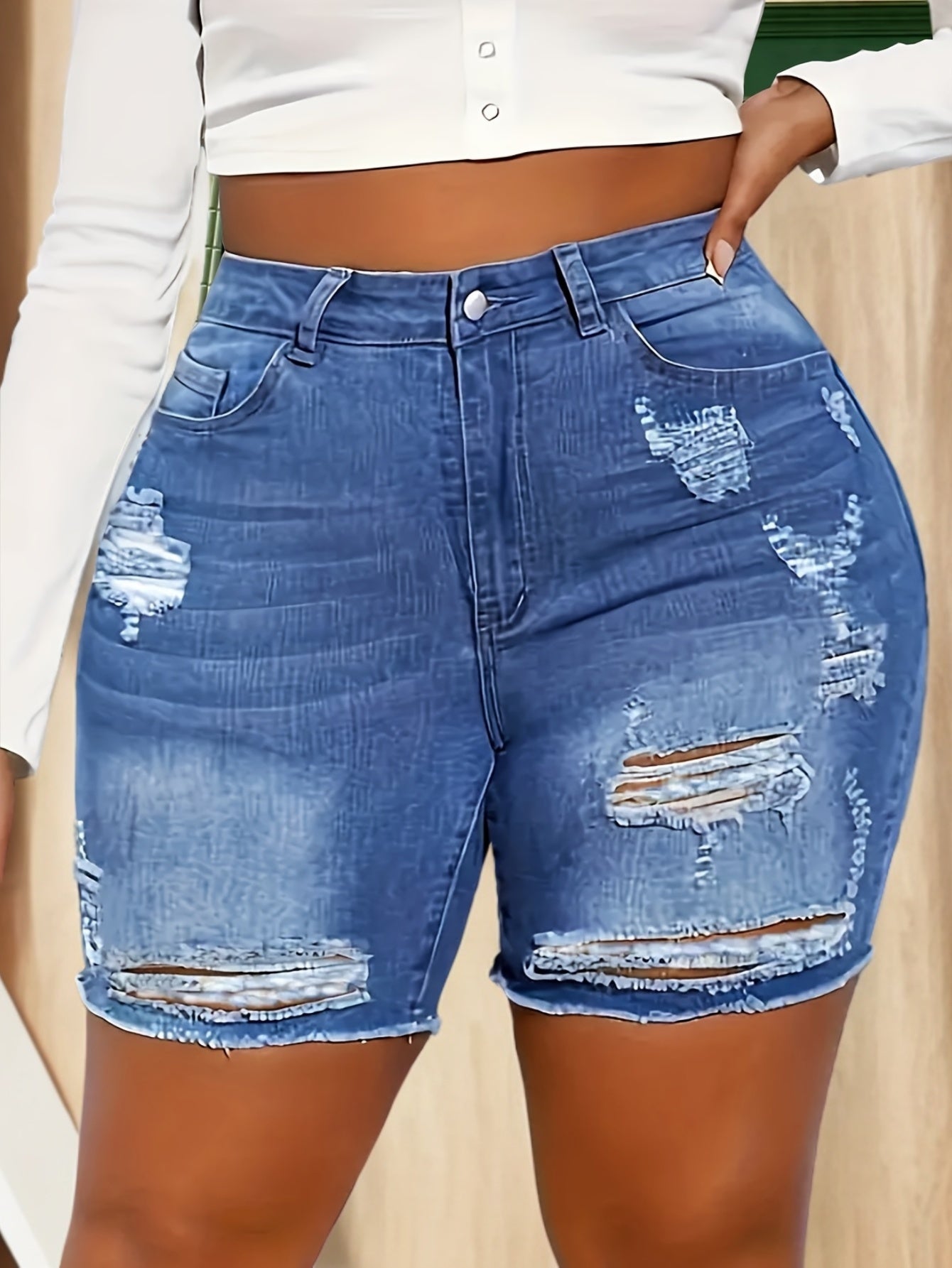 Women's Plus Size Denim Shorts High Stretch Bermuda Zipper Raw Edge
