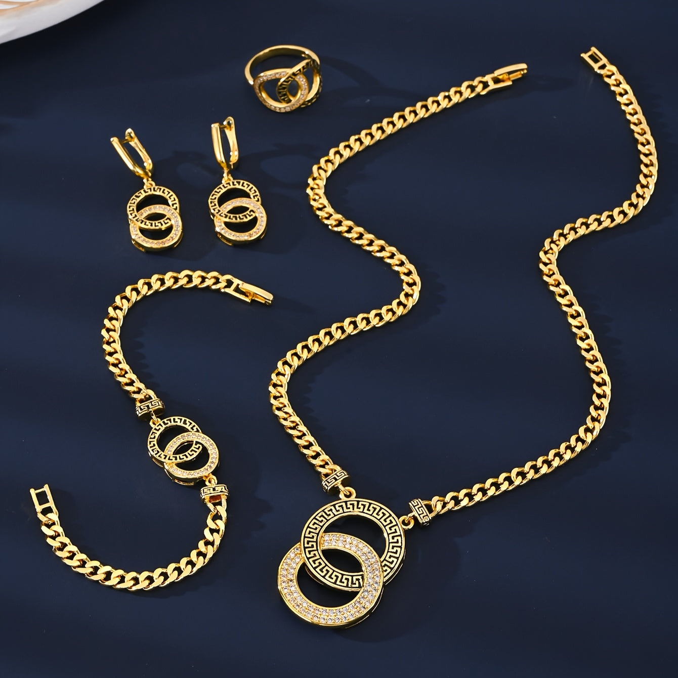 Golden Plated Jewelry Set 5 Pieces Arabian Style Synthetic Zirconia Copper for Women