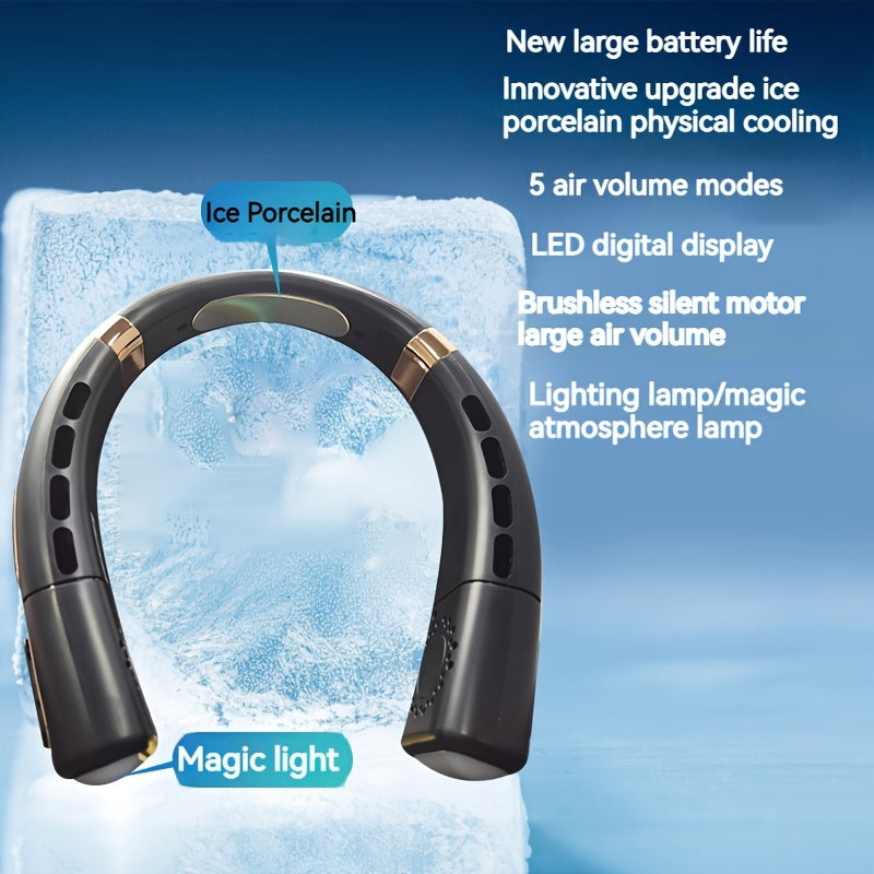 Rechargeable Neck Fan with Screen Display 5-Speed 360° Cooling for Travel Outdoor