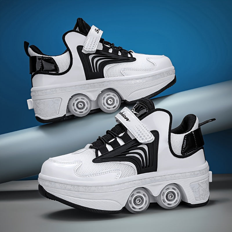 Boy's All-Season PU Skate Shoes with Detachable Wheels and Non-Slip Fastener