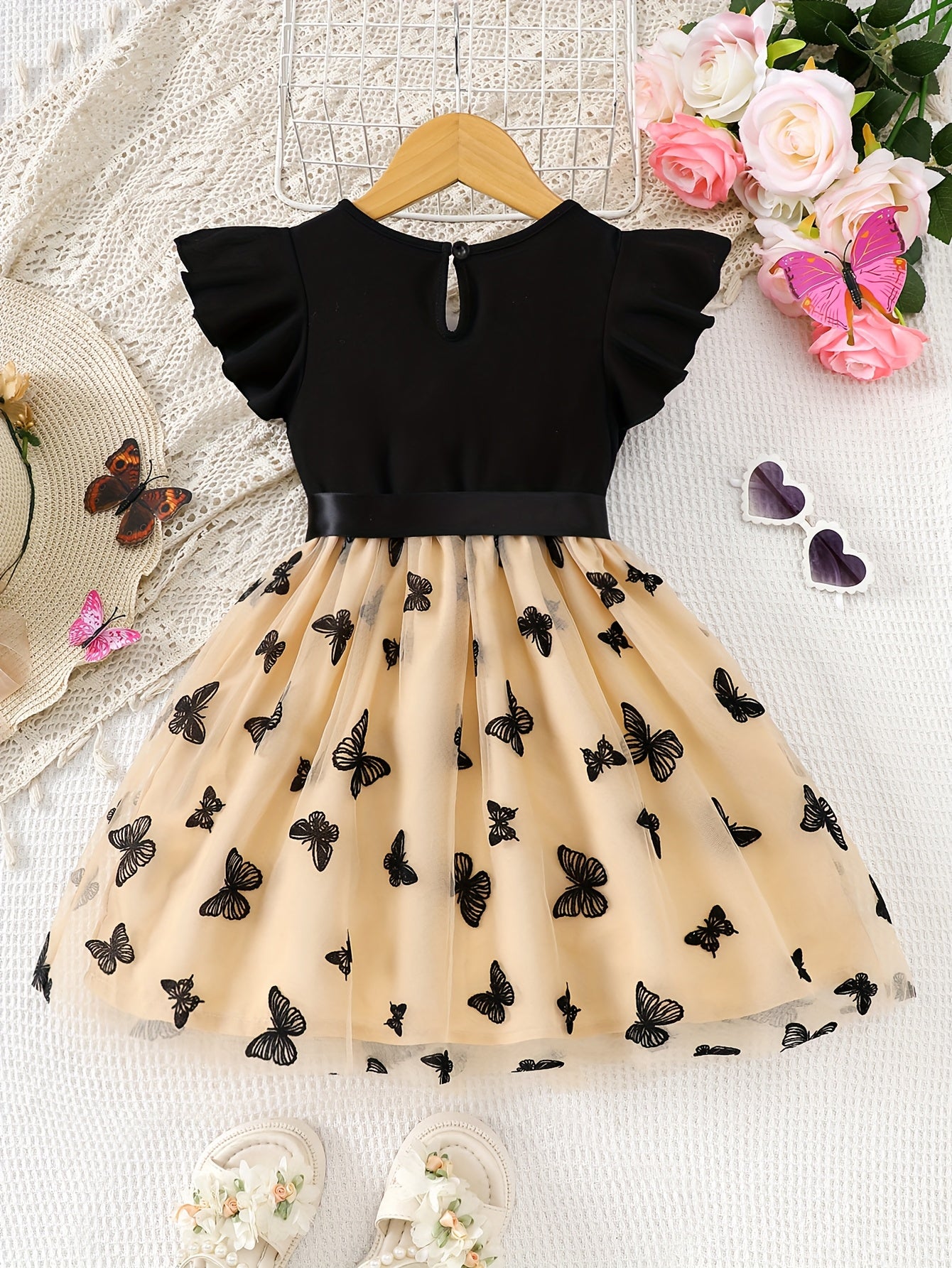 Girls' Casual Polyester Dress with Butterfly Tulle Overlay Ruffle Sleeves Crew Neck for Spring Summer Fall