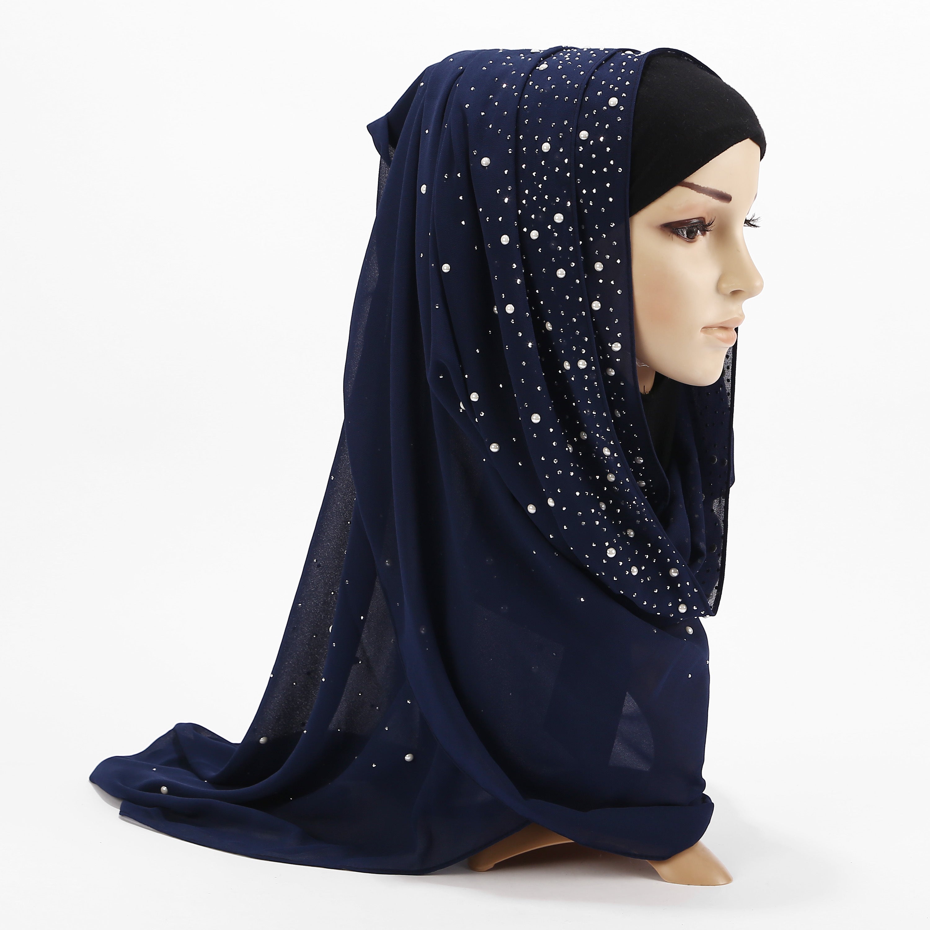 Chiffon Scarf with Rhinestone Detail Solid Color Hijab Turban Head Wrap for Full Cover