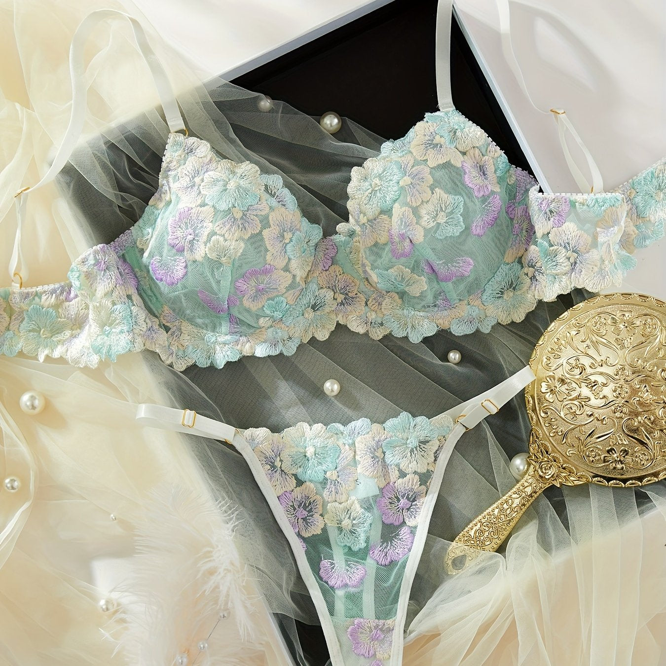 Women's Floral Lace Lingerie Set with Push-Up Bra and Thong