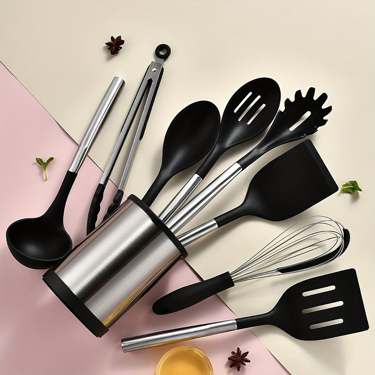 Silicone Kitchen Utensil Set 9 Pieces Non-Stick Cooking Tools with Stainless Steel Handles