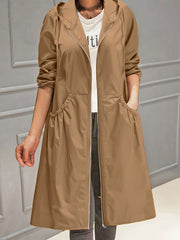 Plus Size Polyester Trench Coat with Zipper Hood and Pockets for Women