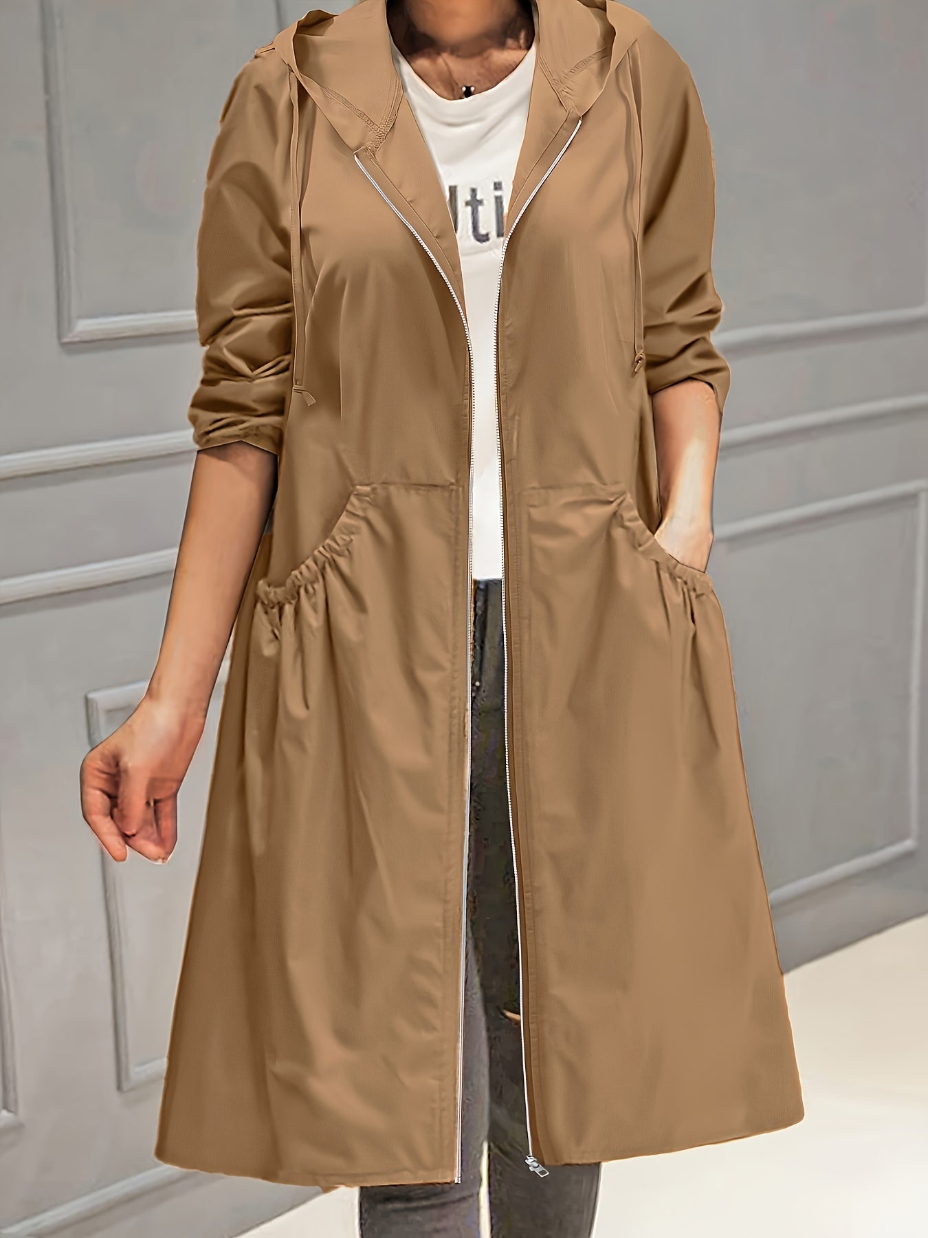 Plus Size Polyester Trench Coat with Zipper Hood and Pockets for Women