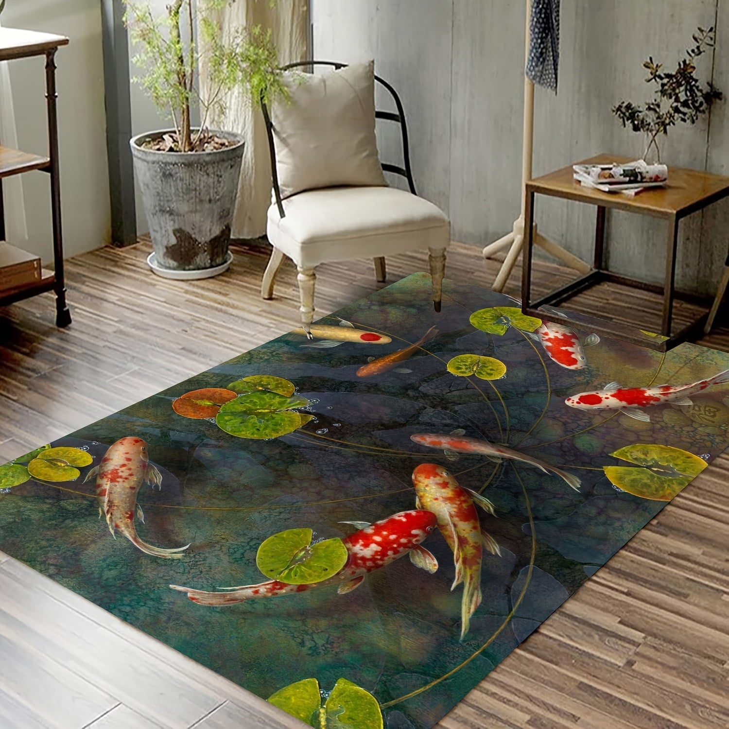 Hand-Painted Koi Fish Rug for Living Room Entrance Decor 3x5 Feet