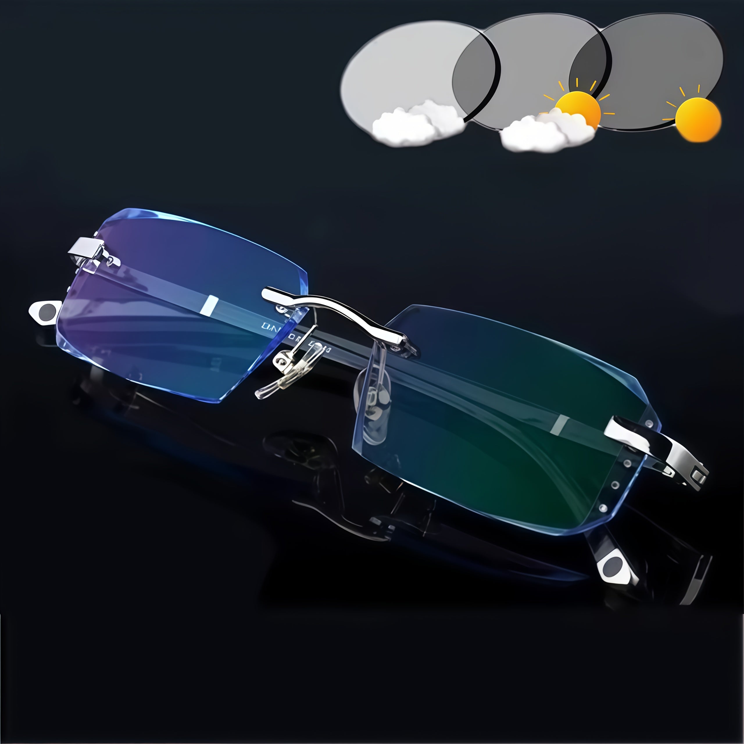 Rimless Rhinestone Photochromic Glasses with Anti-Blue Light for Daily Wear and Parties