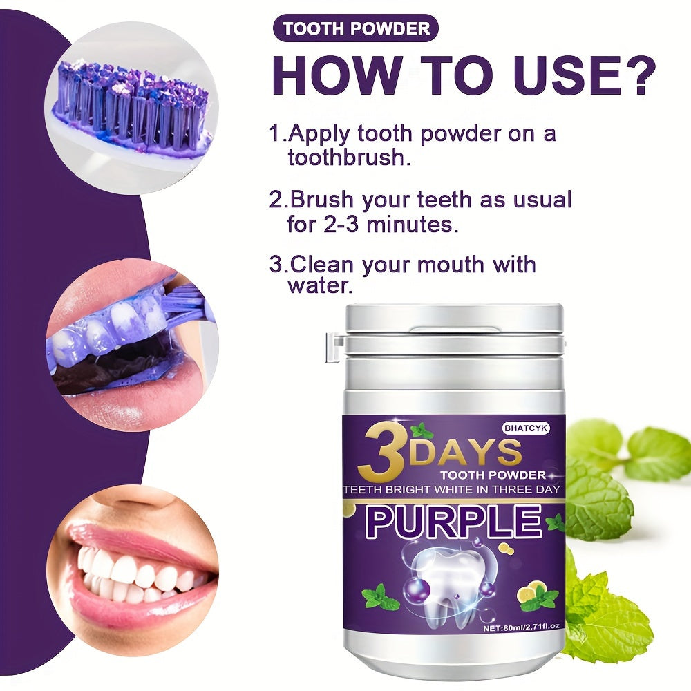 Purple Teeth Whitening Powder 80ml with Fresh Mint Flavor for Daily Use and Travel