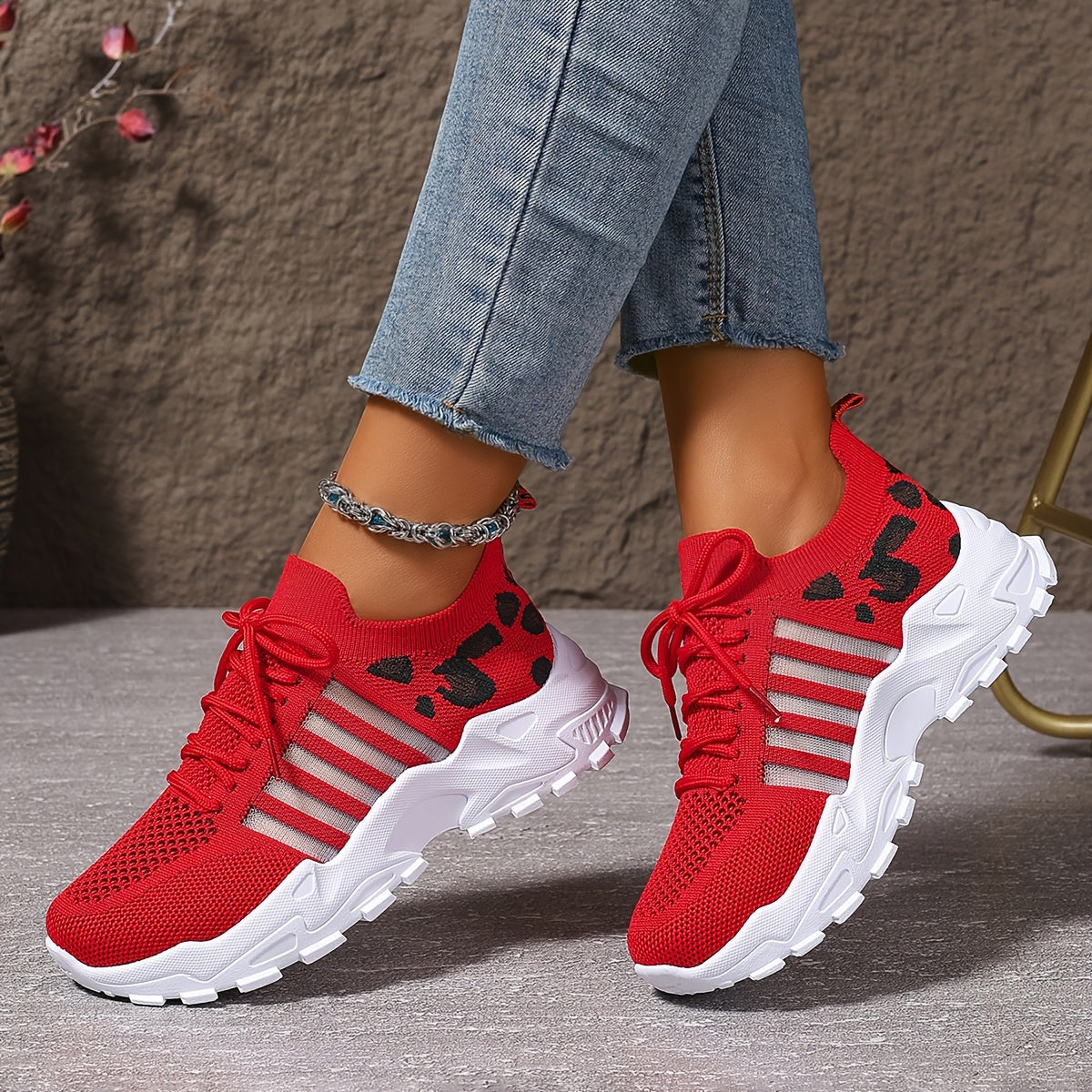 Zapatillas atléticas transpirables con estampado de leopardo para mujer, ideales para correr y hacer ejercicio