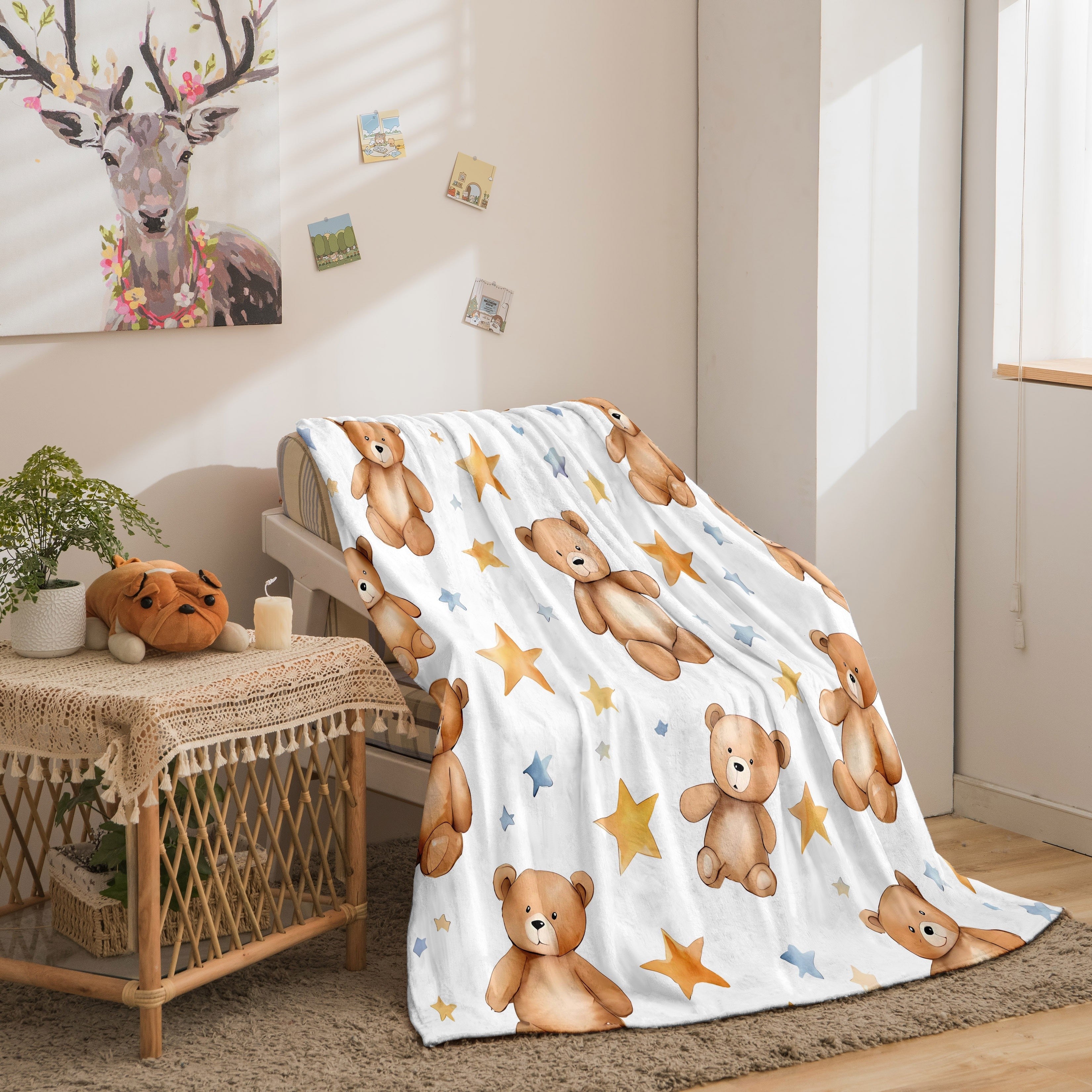 Cartoon Bear Printed Flannel Fleece Throw Blanket Soft Cozy All-Season Gift