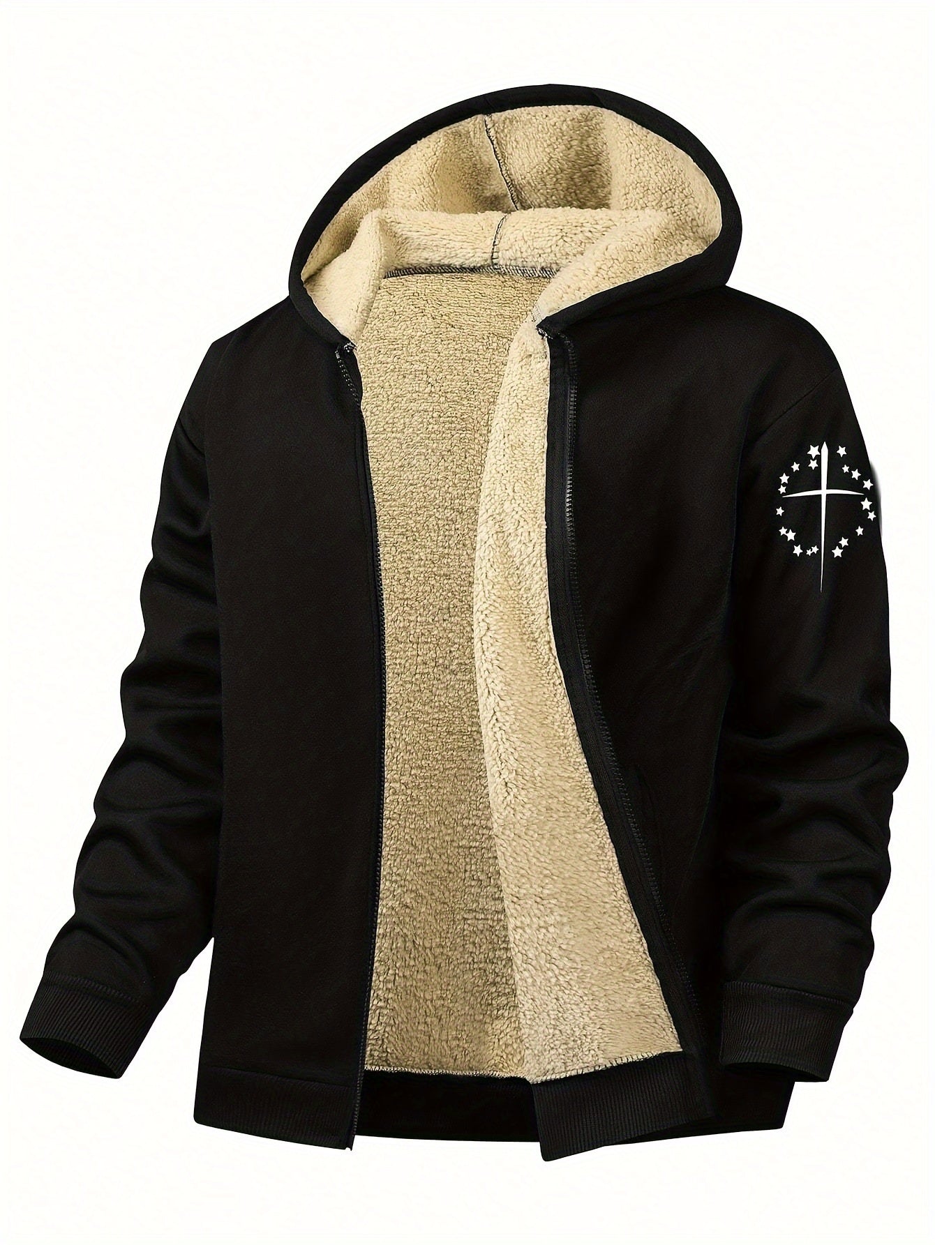 Men's Hooded Jacket with Print Pattern Polyester Knit Fabric Regular Fit Zipper Pockets for Fall Winter