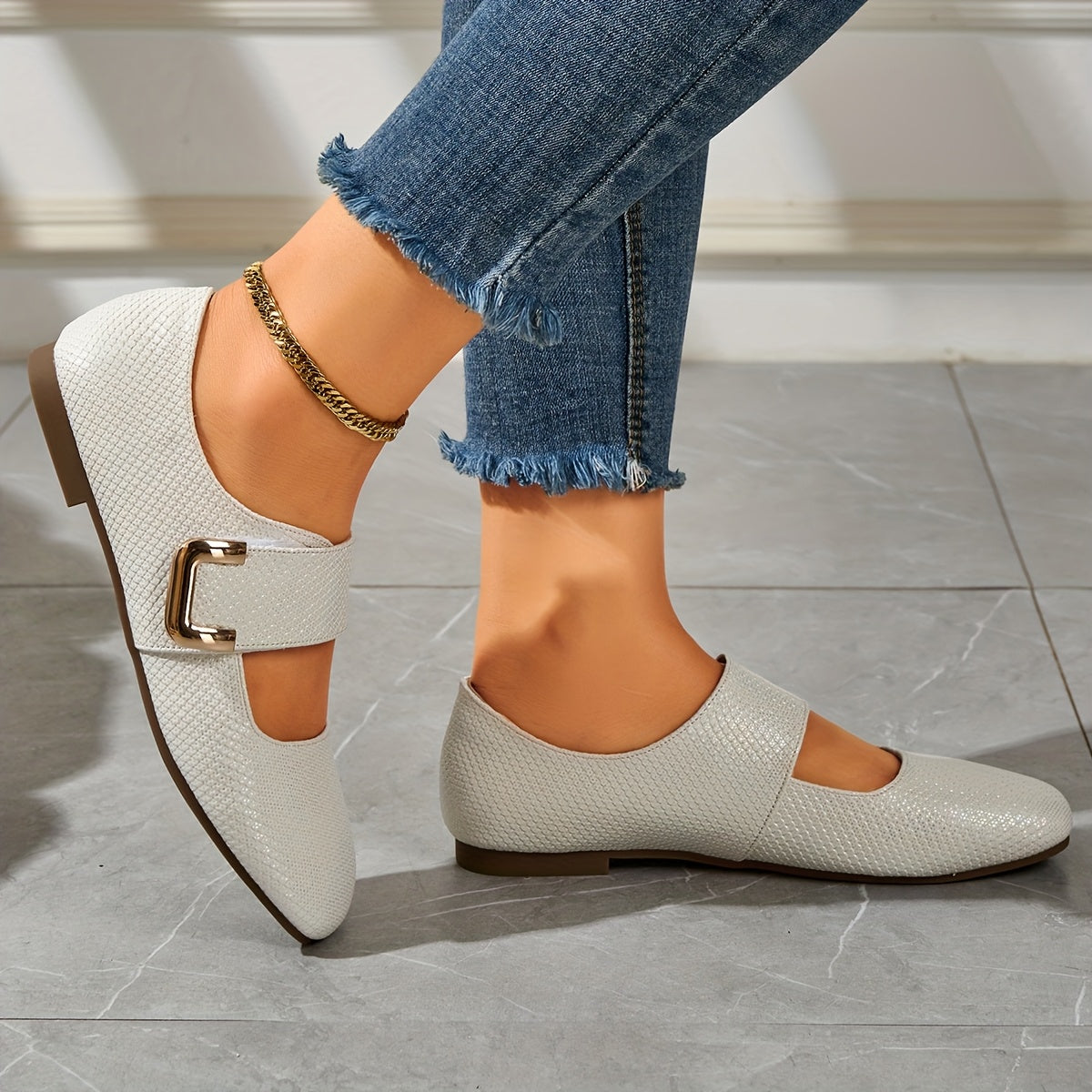 Women's Mary Jane Flats Square Toe Non-Slip Soft Sole Casual Shoes in White Beige Yellow
