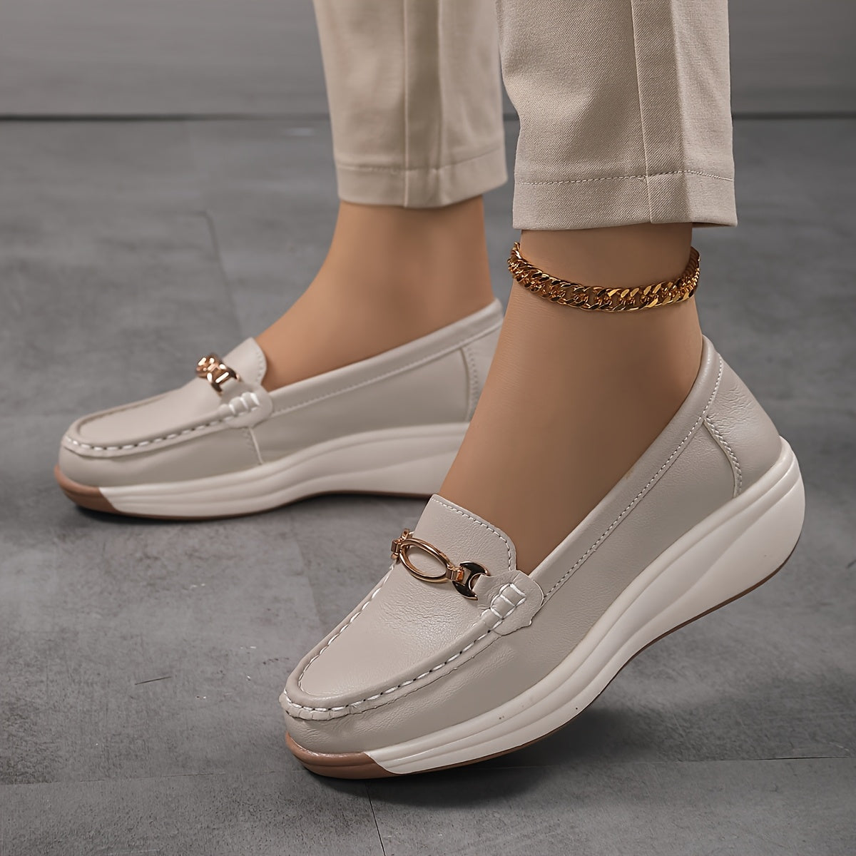 Women's Faux Leather French-Style Loafers with Metallic Buckle Beige