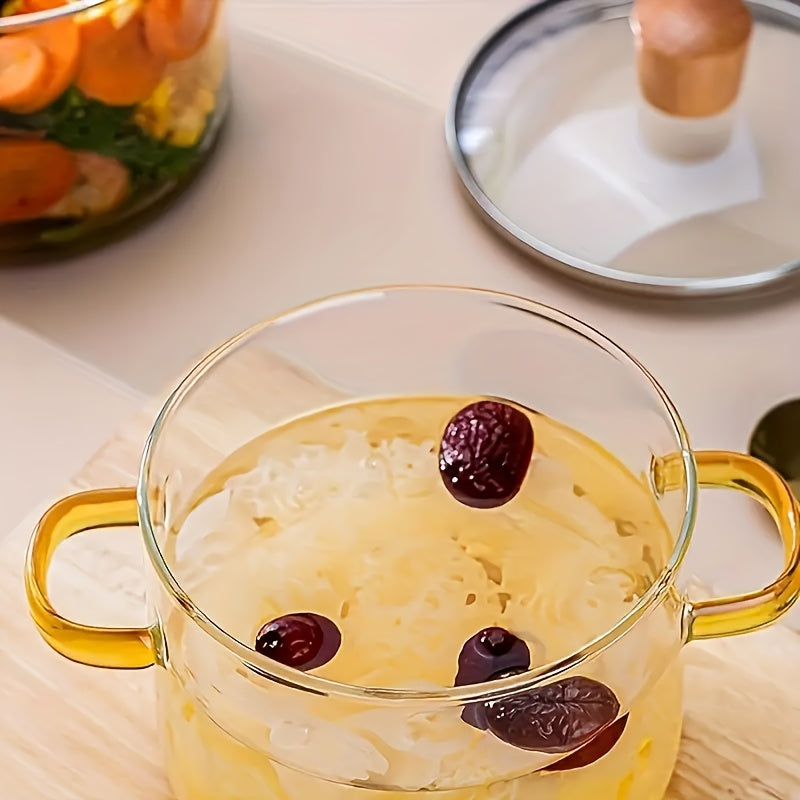 Borosilikat shisha sho‘rva qozoni 1.5L Sariq tutqichli, yuqori haroratga chidamli, qopqog‘ bilan