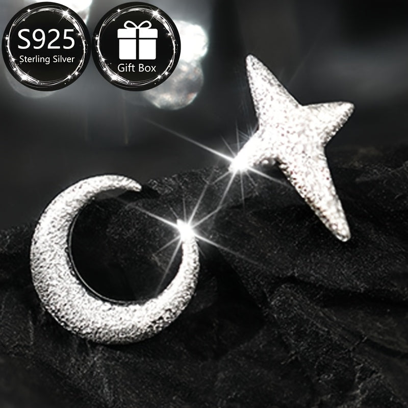 Sterling Silver Star and Crescent Moon Earrings for Women with Frosted Texture
