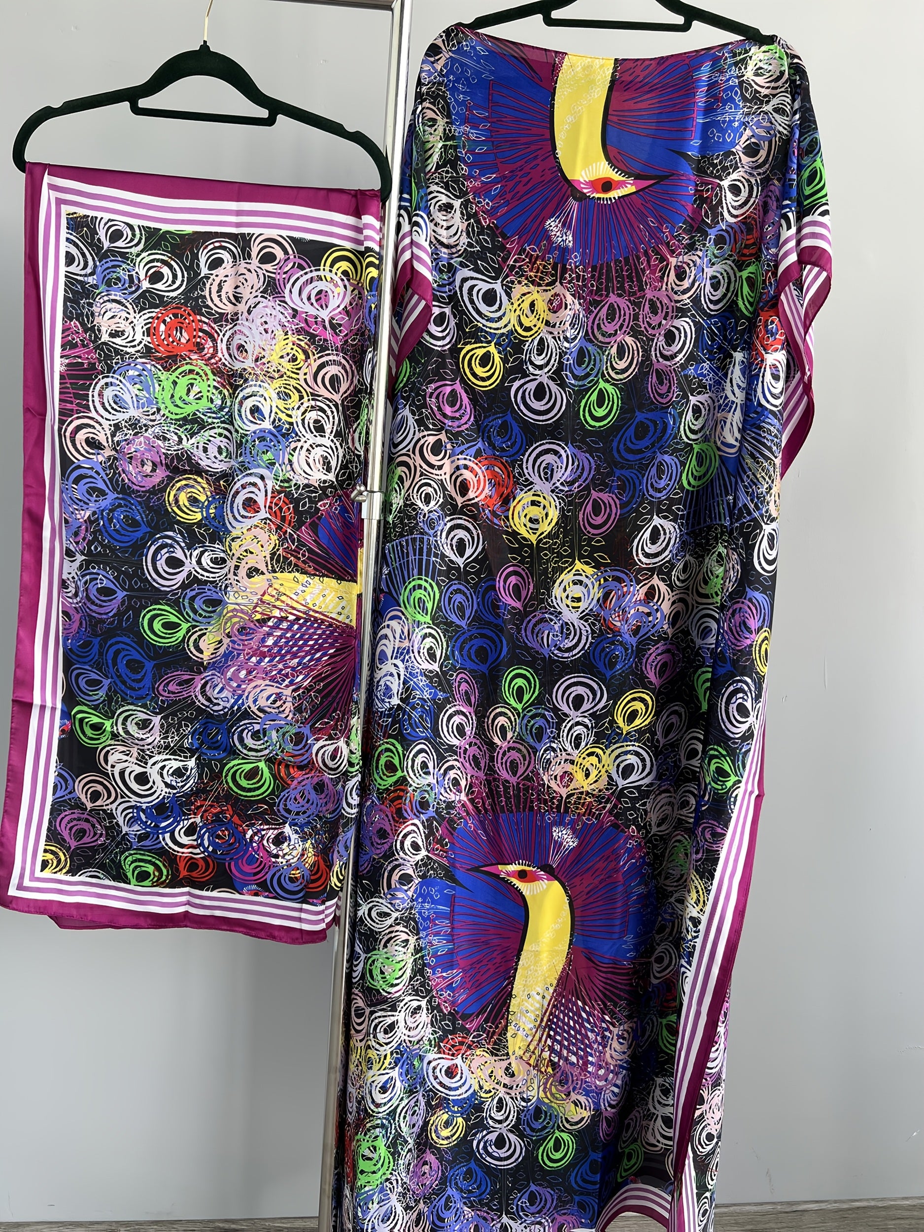 Women Plus Size Long Tunic Dress with Shawl Purple Geometric Print