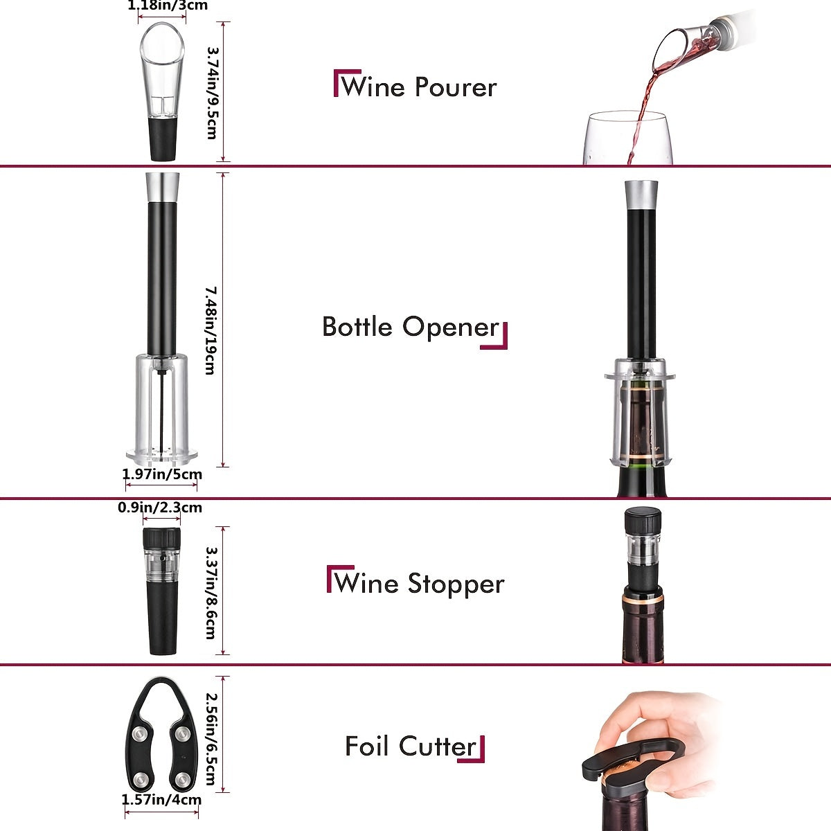 Juego de sacacorchos con bomba de aire, vertedor, cortador de foil y tapón de vacío para amantes del vino