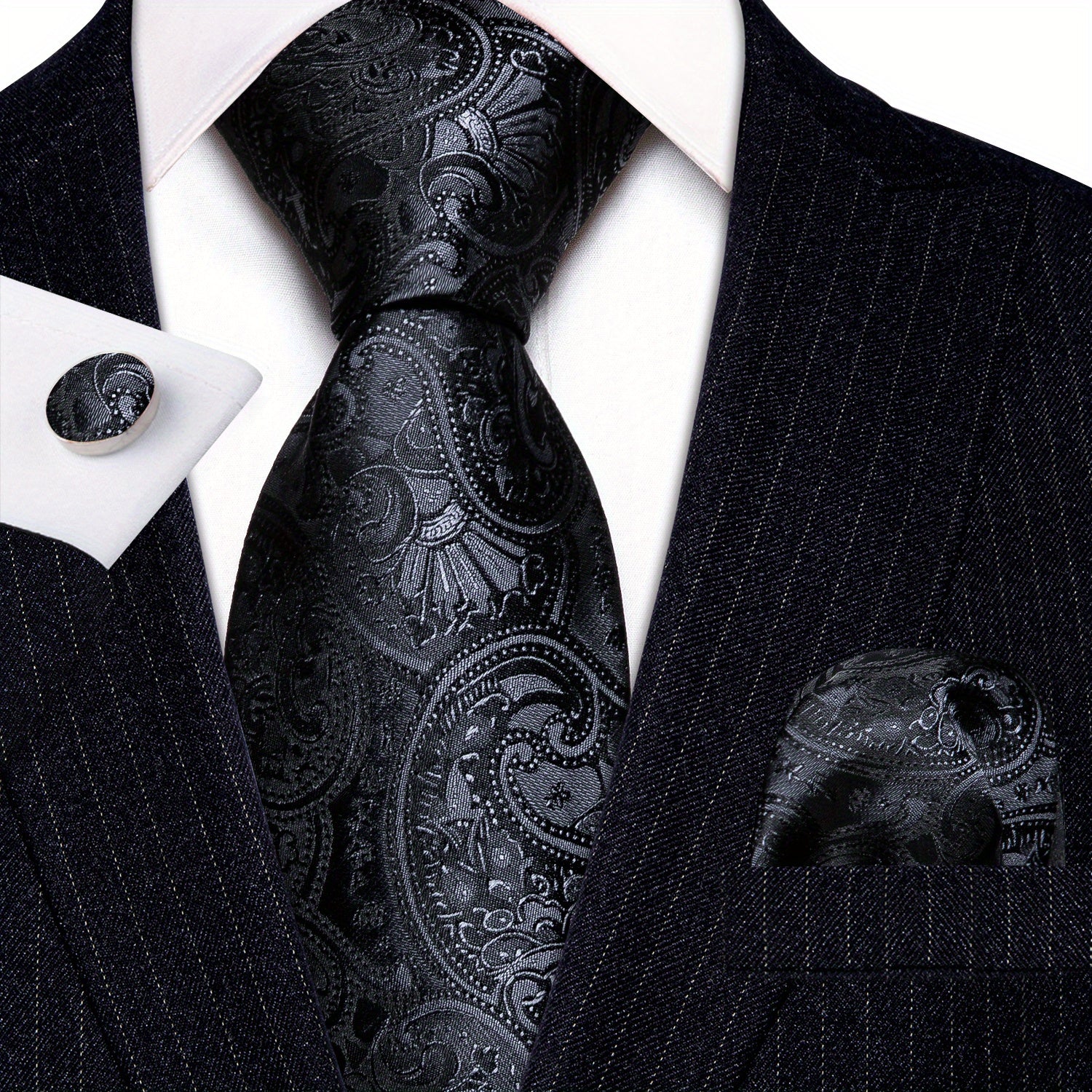 Perfect Gift: Matching Black Plaid Jacquard Tie, Cufflinks, and Pocket Square Towel Set for Parties, Weddings, and Proms