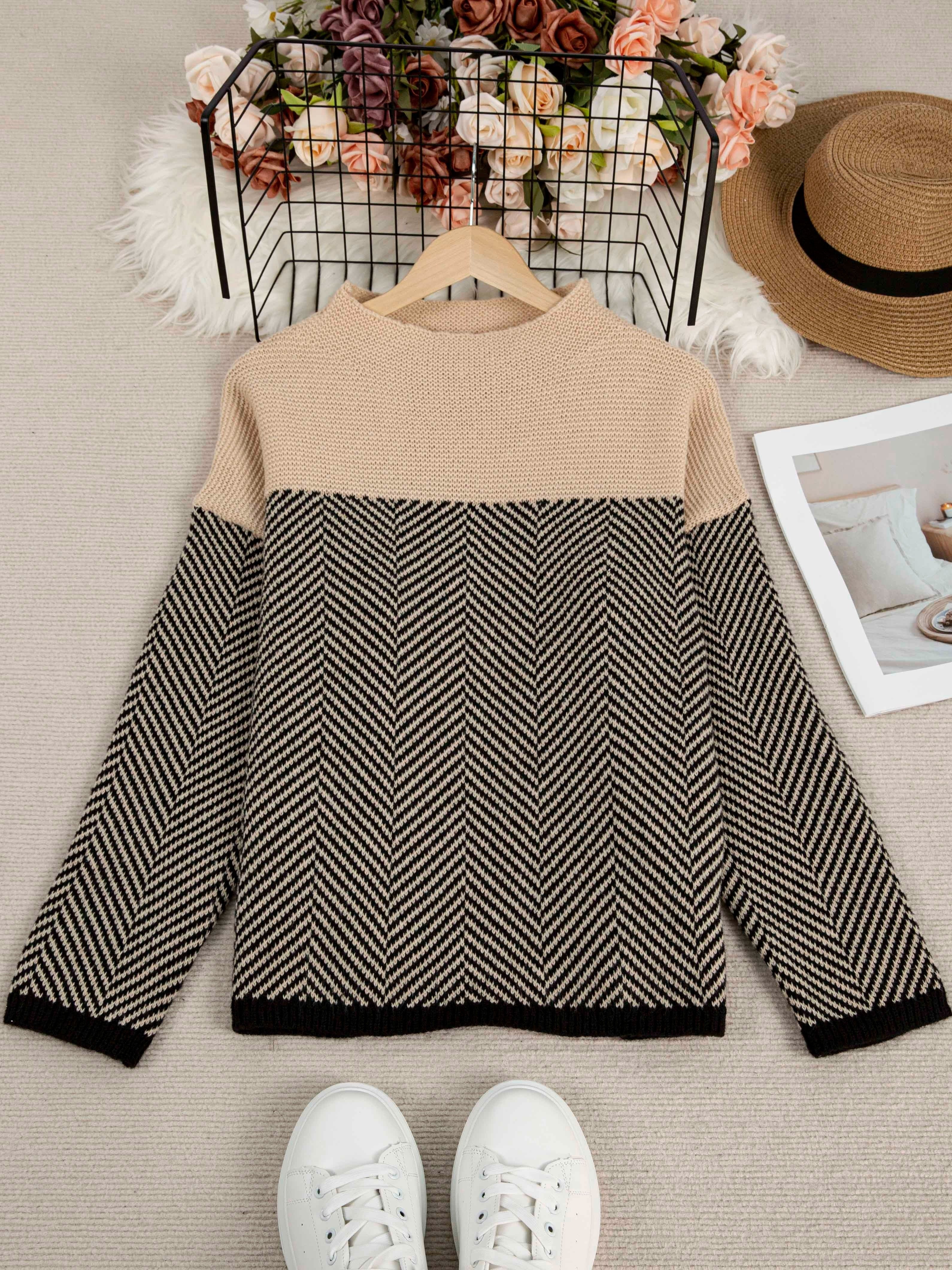 Women's Plus Size Color Block Knit Sweater Long Sleeve Pullover