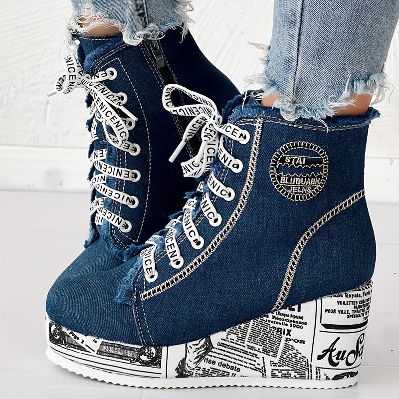 Women’s Solid Denim Lace-Up Platform Boots with Wedge Heel and Round Toe