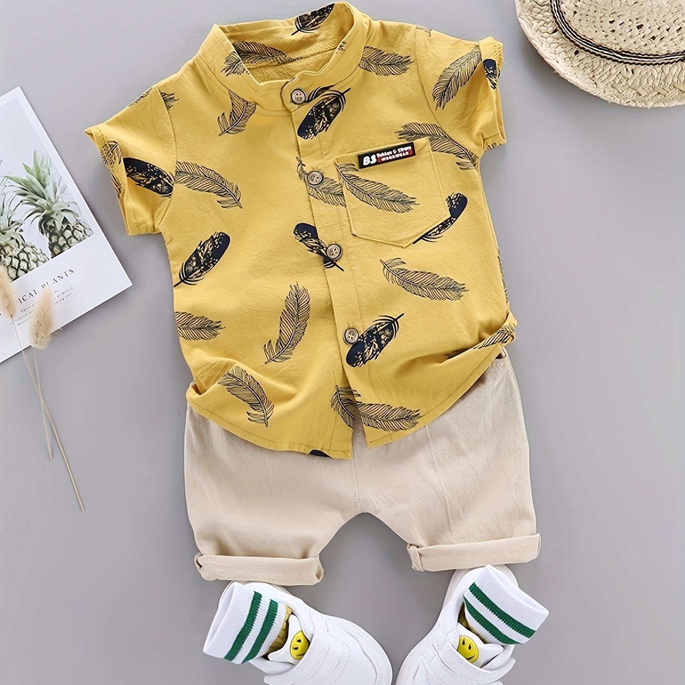 Baby Boys' Summer Cotton Casual Feather Pattern Shirt and Shorts Set