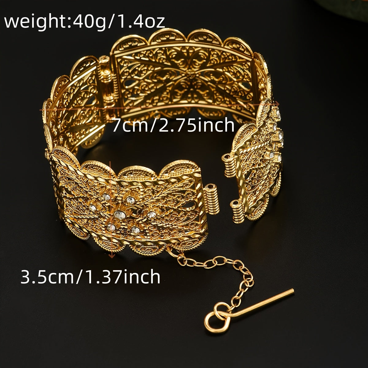 Gold Plated Zinc Alloy Bangle with Synthetic Stones Floral Open Cuff Jewelry for Weddings and Events