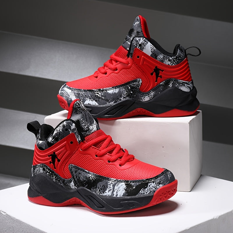 Youth Mid-Top Basketball Sneakers with Splatter Paint Design Durable PU Breathable Fabric Casual Outdoor Training