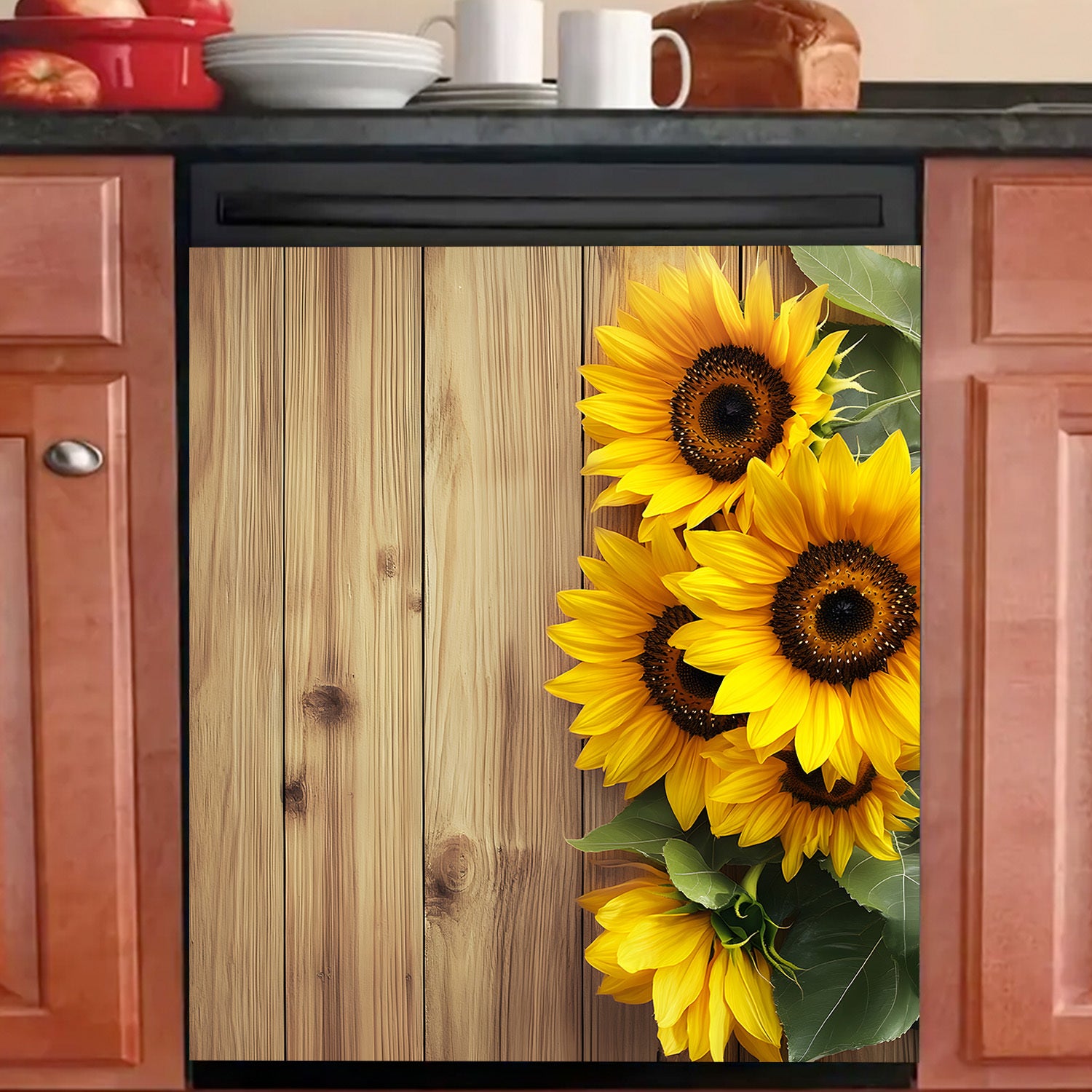Sunflower Design Dishwasher Magnet Cover Waterproof Heat-Resistant Metal Kitchen Decor Rustic Wood Plank Style