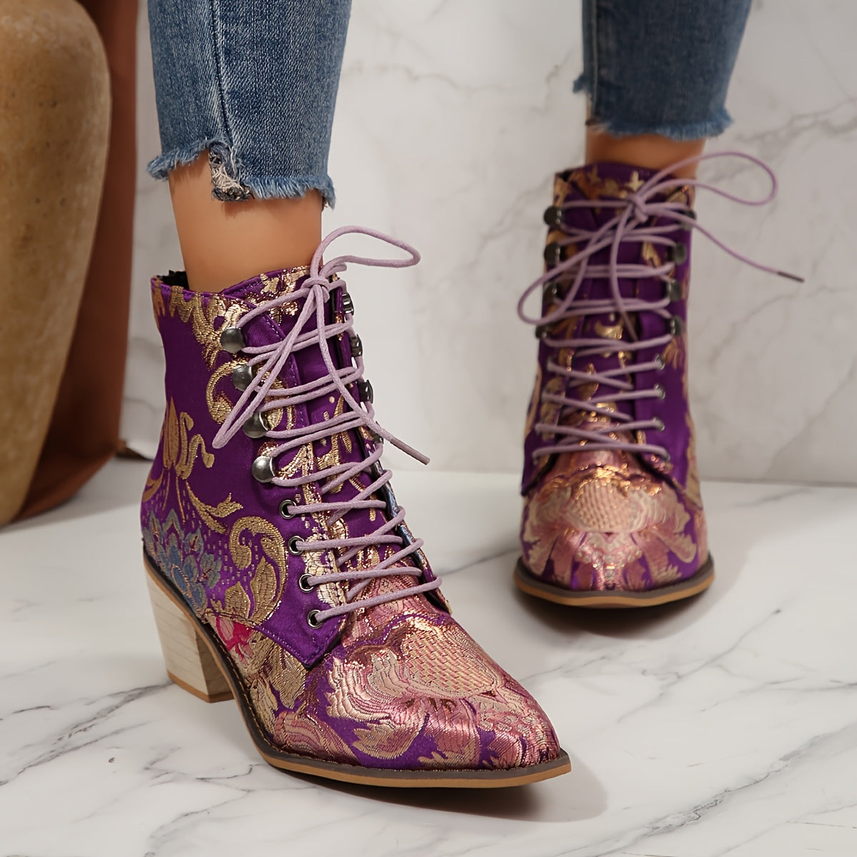 Women Lace-Up Ankle Booties with Floral Embroidery Pointed Toe High Heel