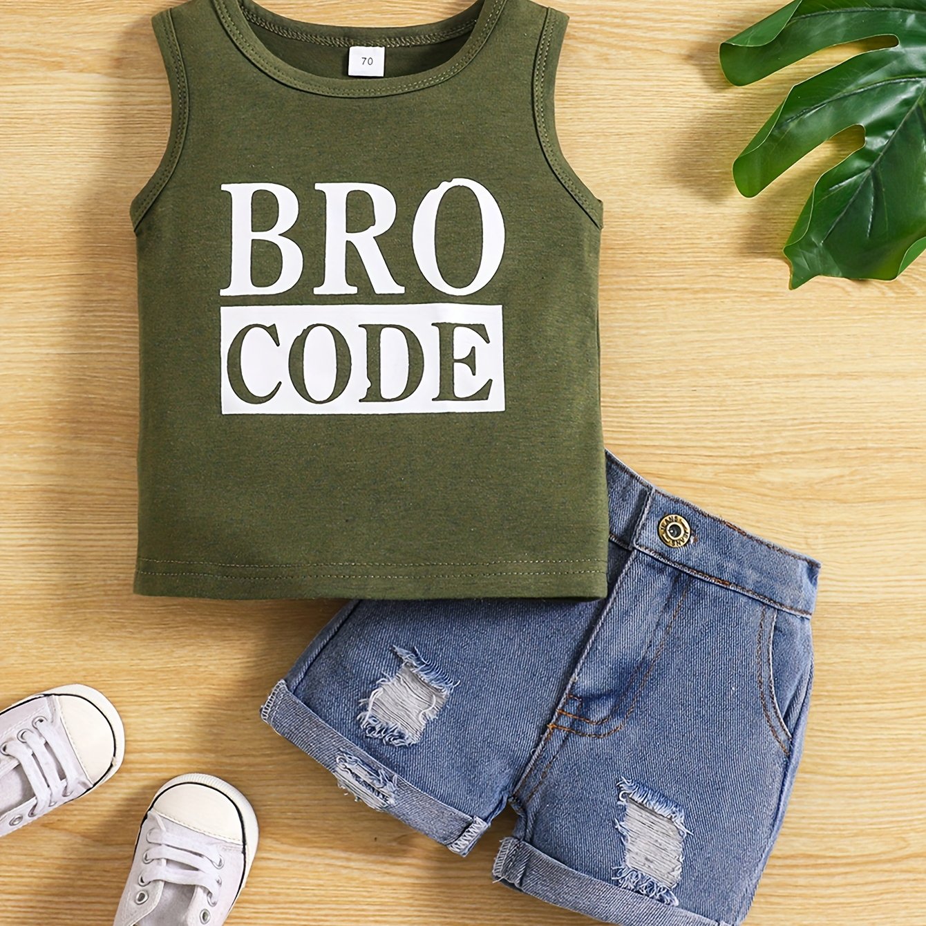 Kids Summer Outfit for Boys 2-Piece Casual Set with Black Letter Print Tank Top and Ripped Shorts