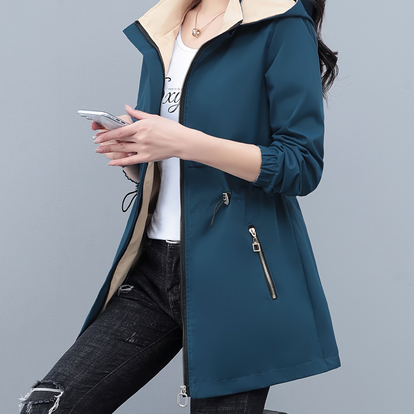 Women's Color Block Windbreaker Hoodie Jacket with Zipper Pockets for Spring Fall