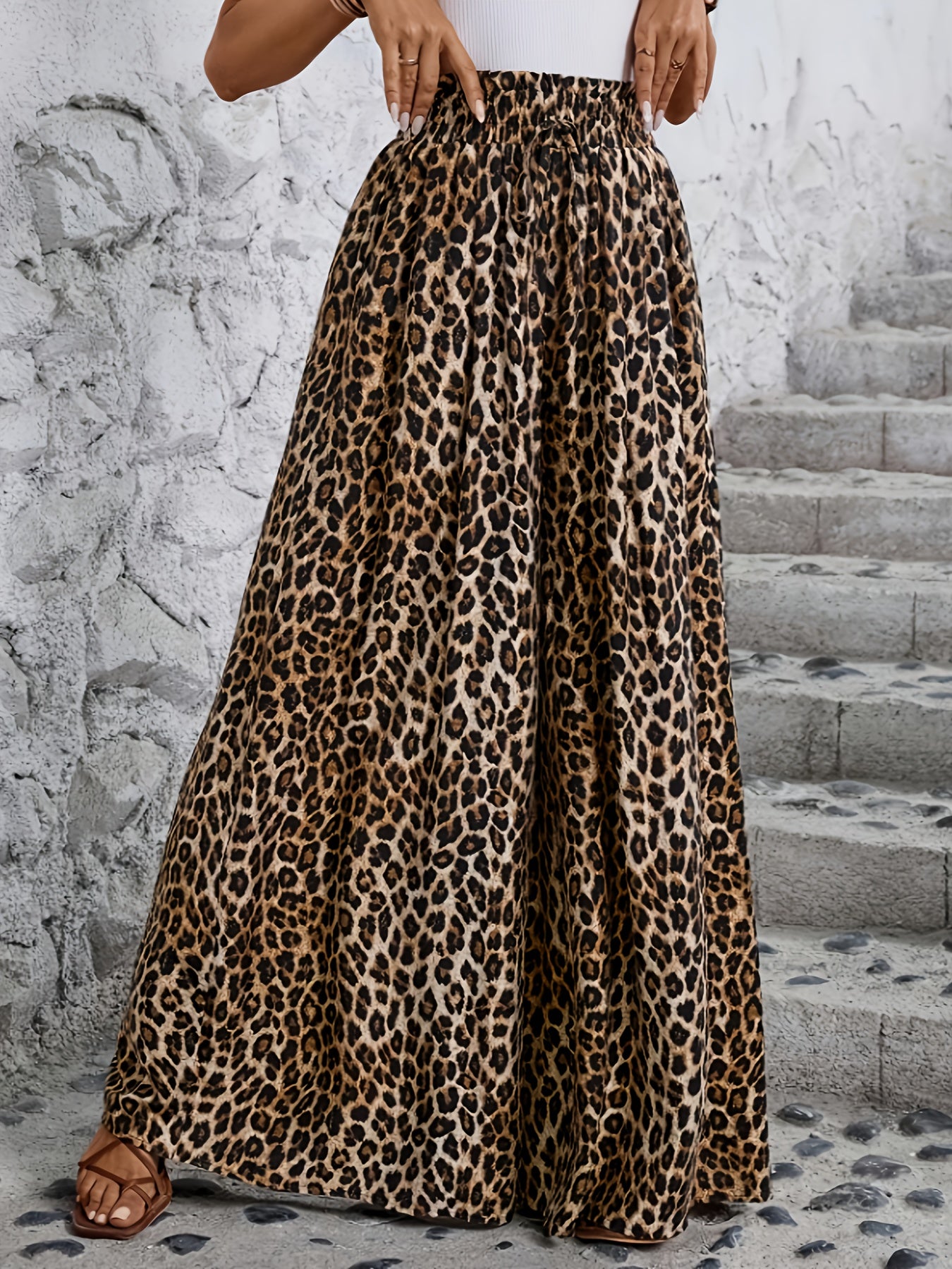Plus Size Leopard Print Wide-Leg Pantskirt with Pockets and Elastic Waist