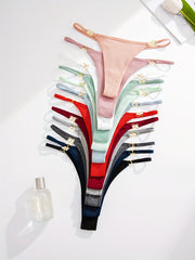 12 Pcs Women's Ribbed Low Waist Thongs with Ring-Linked V-Strings Sexy Lingerie