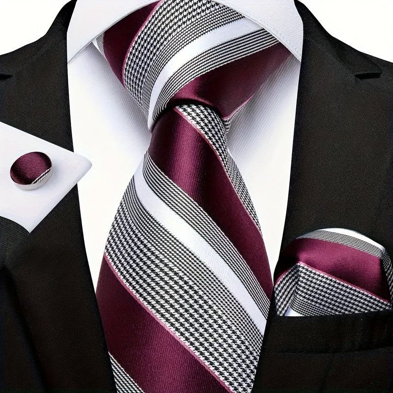 Men's Classic Striped Necktie Set with Handkerchief and Cufflinks for Business Parties