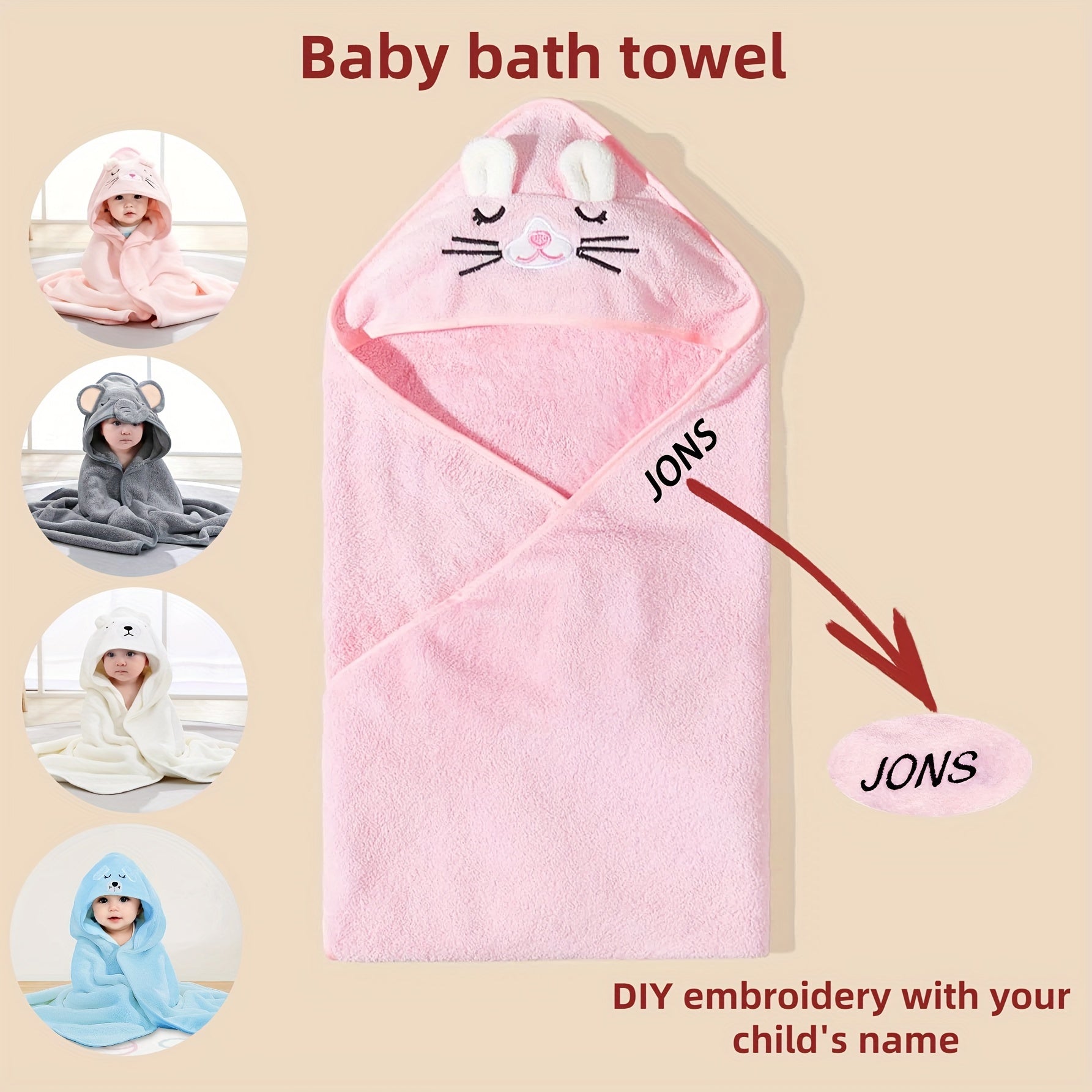 Personalized Cartoon Animal Bath Towel Blanket Soft Polyester Gray Pink Blue Gift