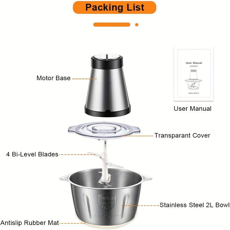 2L katta sig'imli zanglamaydigan po'latdan yasalgan go'sht maydalagich, 30000 RPM motor bilan, EU plagi, oson nazorat uchun shaffof qopqoq - Uy oshxonalari uchun mukammal, go'sht tayyorlash asbobi.