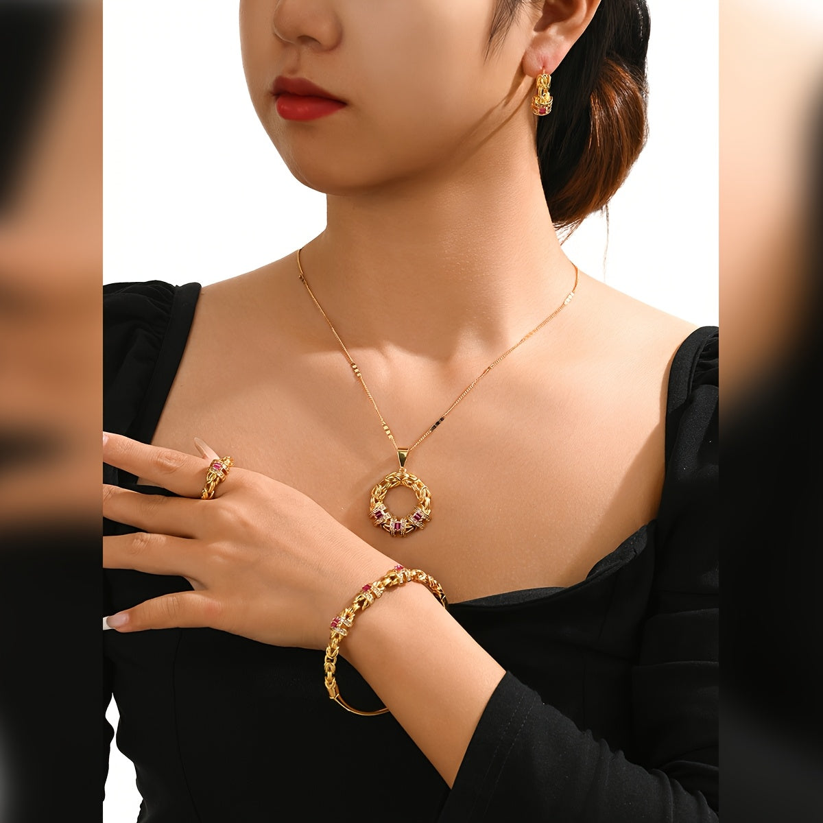 Gold-Plated Jewelry Set with Zirconia Stones for Women 5-Piece Dubai-Inspired