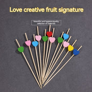 100 Artistic Bamboo Fruit Picks with Love and Plum Blossom Designs Disposable Wooden Cocktail Decorations