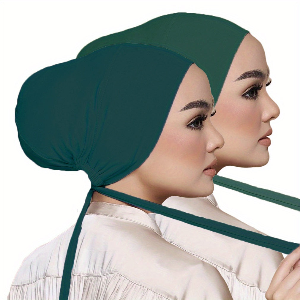 Set of 2 Solid Color Tied Back Undercaps with Elastic Inner Hijab Caps for Women