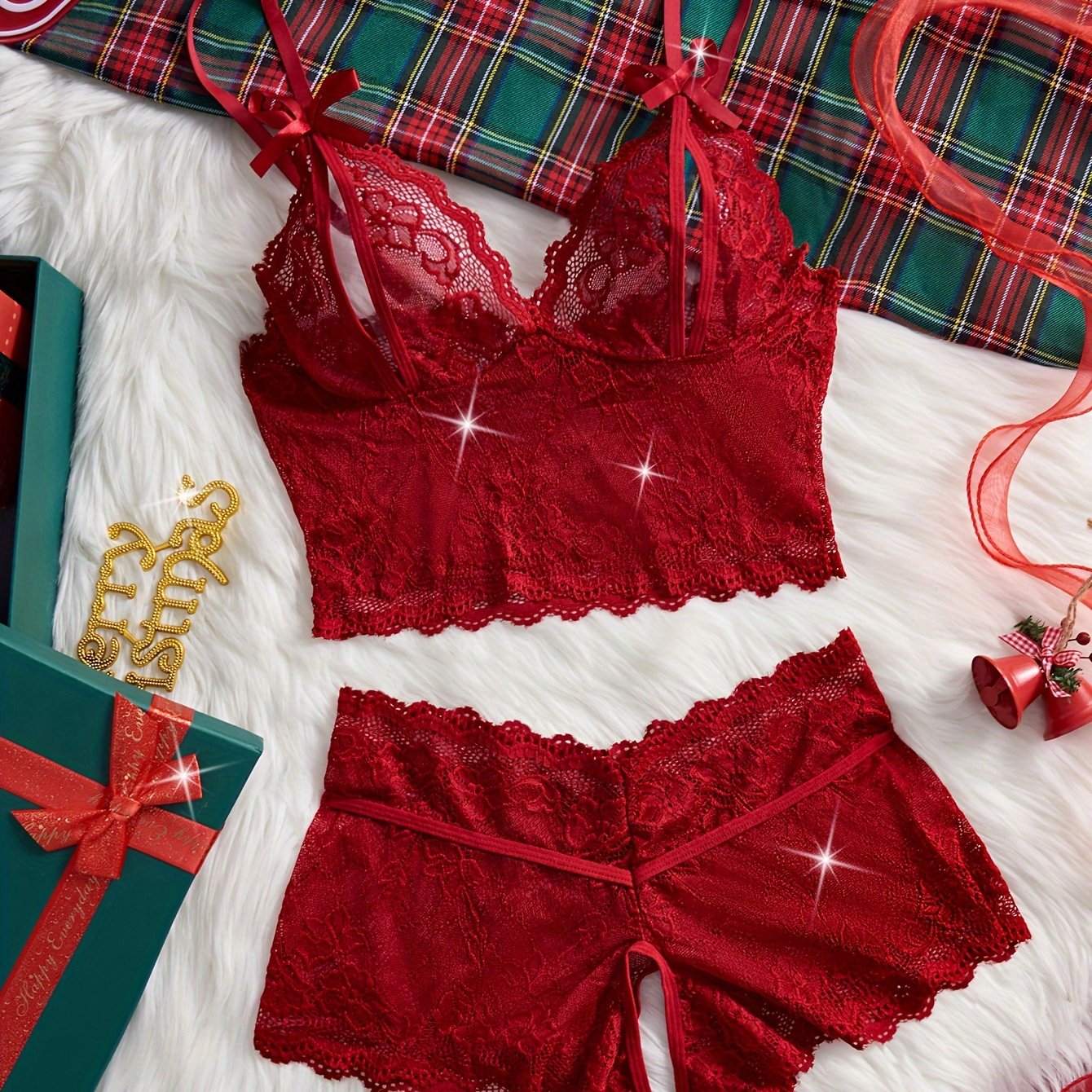 Gul naqshli dantel ichki kiyim to'plami, qoshni bog'ichli brassiyer va qorin qismisiz ichki kiyim bilan jozibali ko'rinish.