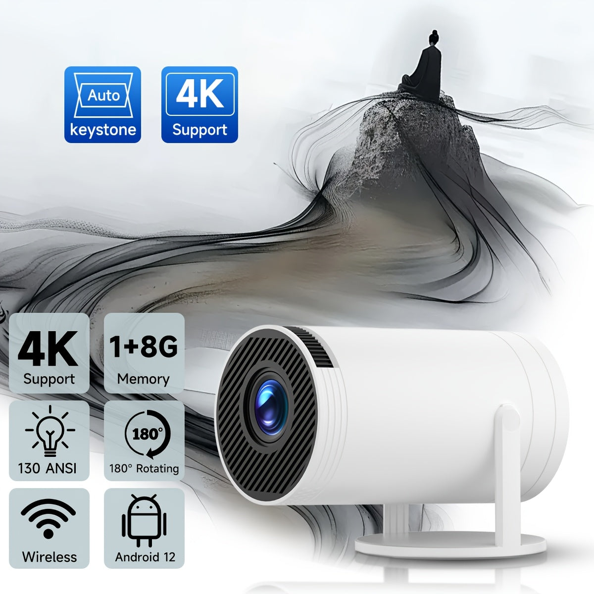 XYA S100 Portativ 4K Proyektor, 5G WiFi va Simsiz, 3000+ Lumen Yorqinlik, Masofadan Boshqarish, Kiyestone Qo'llab-quvvatlash, Aylanadigan Kiyestone, HDTV/USB/AV bilan Mos, Oq rang.