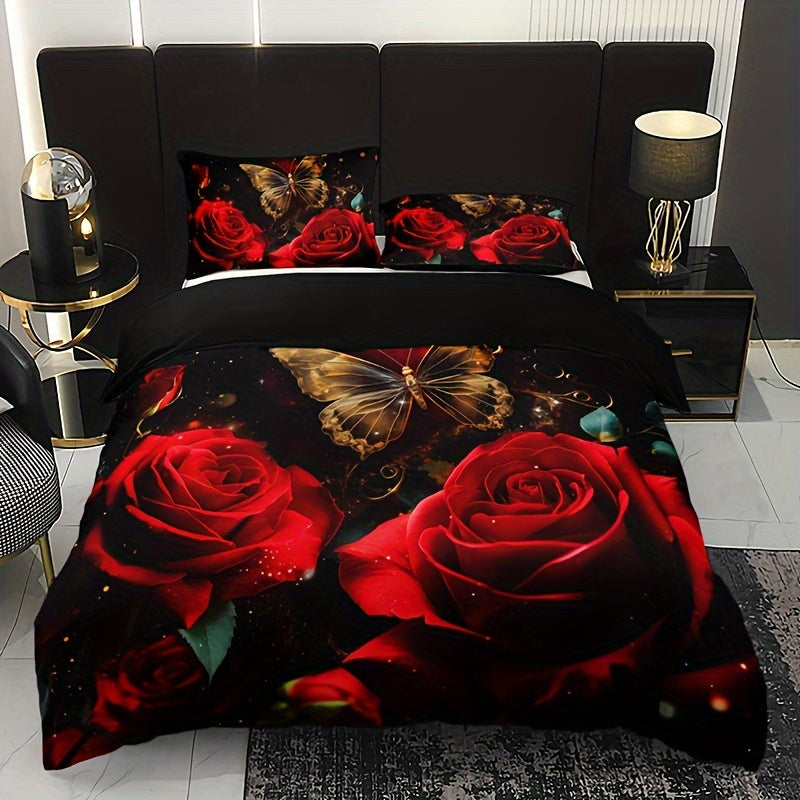 3-Piece Romantic Rose Butterfly 3D Duvet Cover Set with 2 Pillowcases Soft Breathable Polyester Bedding for Home Dorm Decor