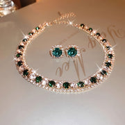 Green Rhinestone Necklace and Earrings Set for Women with Sterling Silver Posts