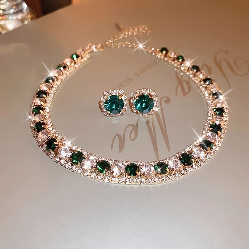 Green Rhinestone Necklace and Earrings Set for Women with Sterling Silver Posts