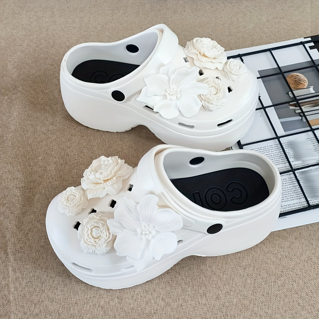 Women Floral Mule Shoes White Black Accents Non-Slip EVA Comfortable