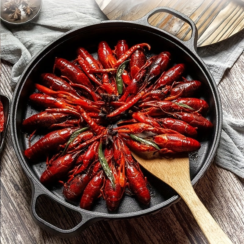 Cast Iron Double-Handled Skillet with Wooden Lid Non-Stick Cooking Pan for Gas and Induction