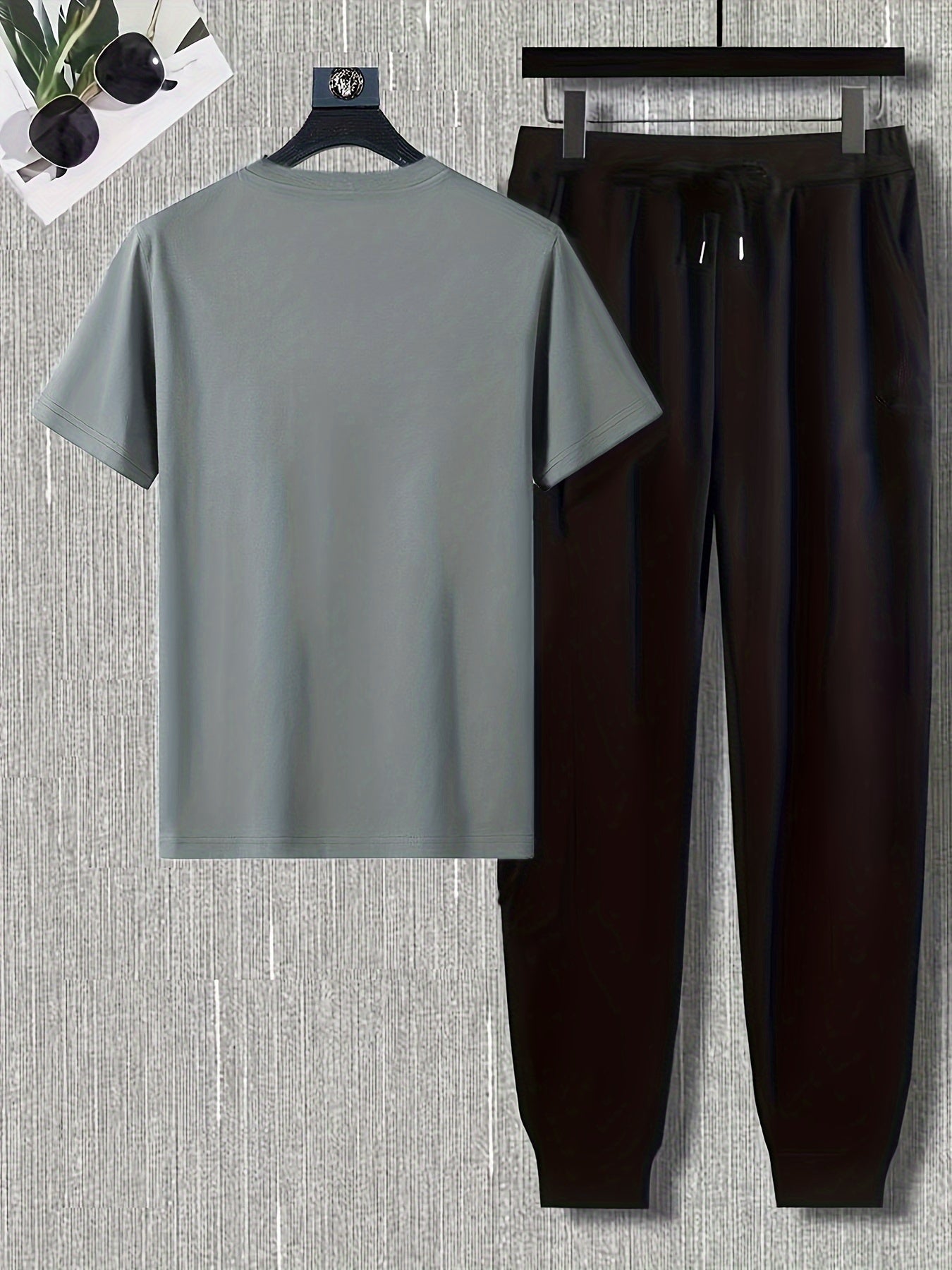 Men's Summer Sports Set Short Sleeve Crew Neck T-Shirt and Regular Fit Polyester Spandex Pants