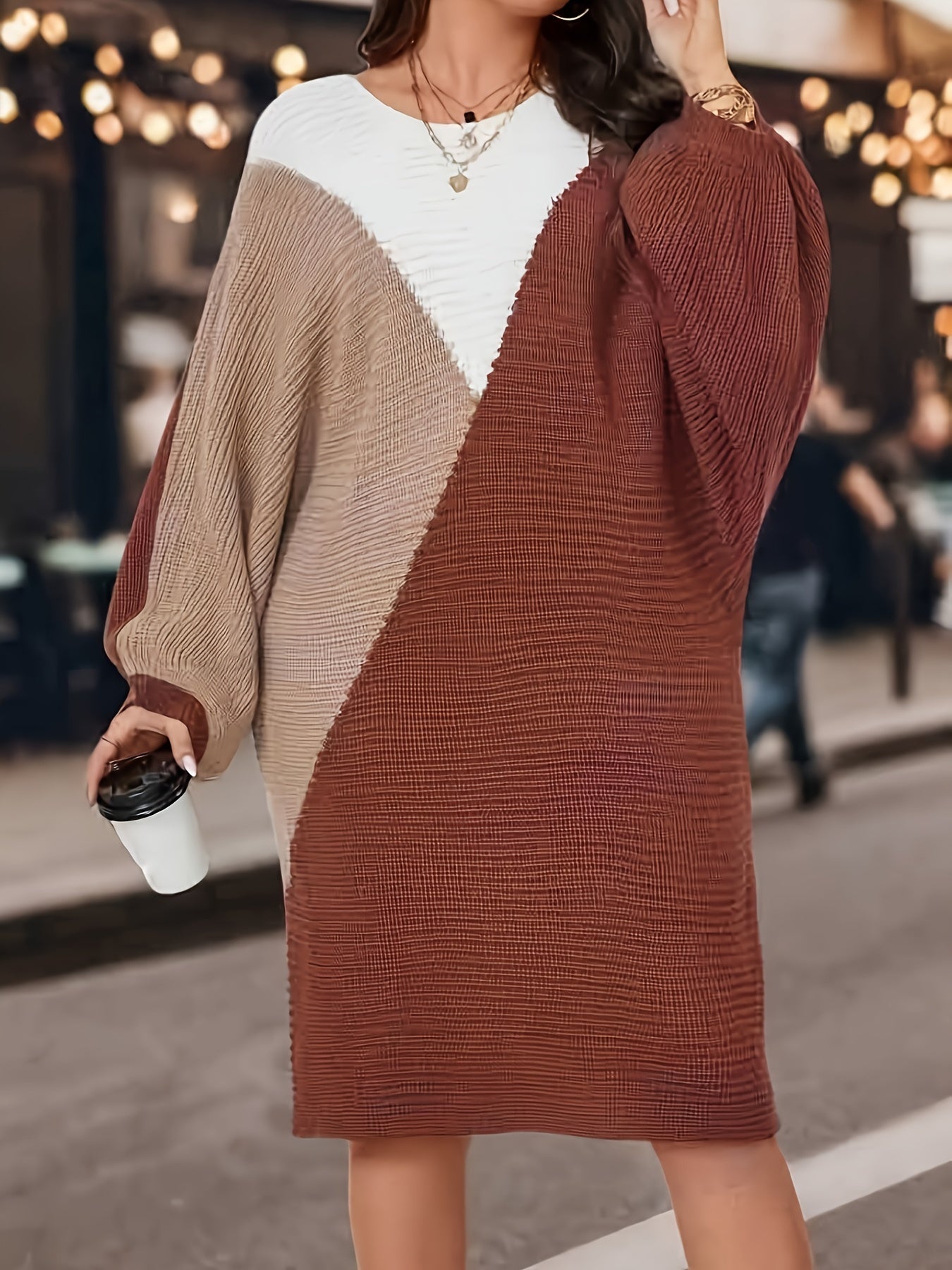 Plus Size Color Block Sweater Dress Long Sleeve Casual Loose Fit Women's Clothing